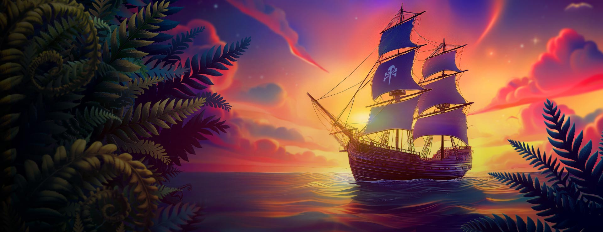 Kiwi Treasure pirate ship sailing toward treasure islands