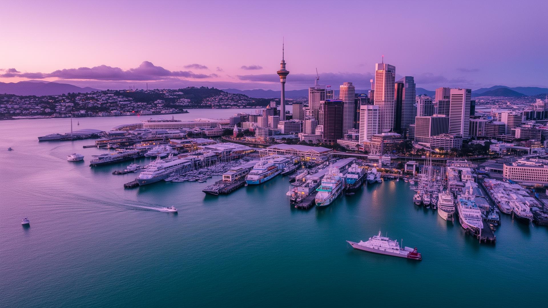 Auckland waterfront and Sky Tower at dusk reflecting the centre of New Zealand's regulated gambling economy